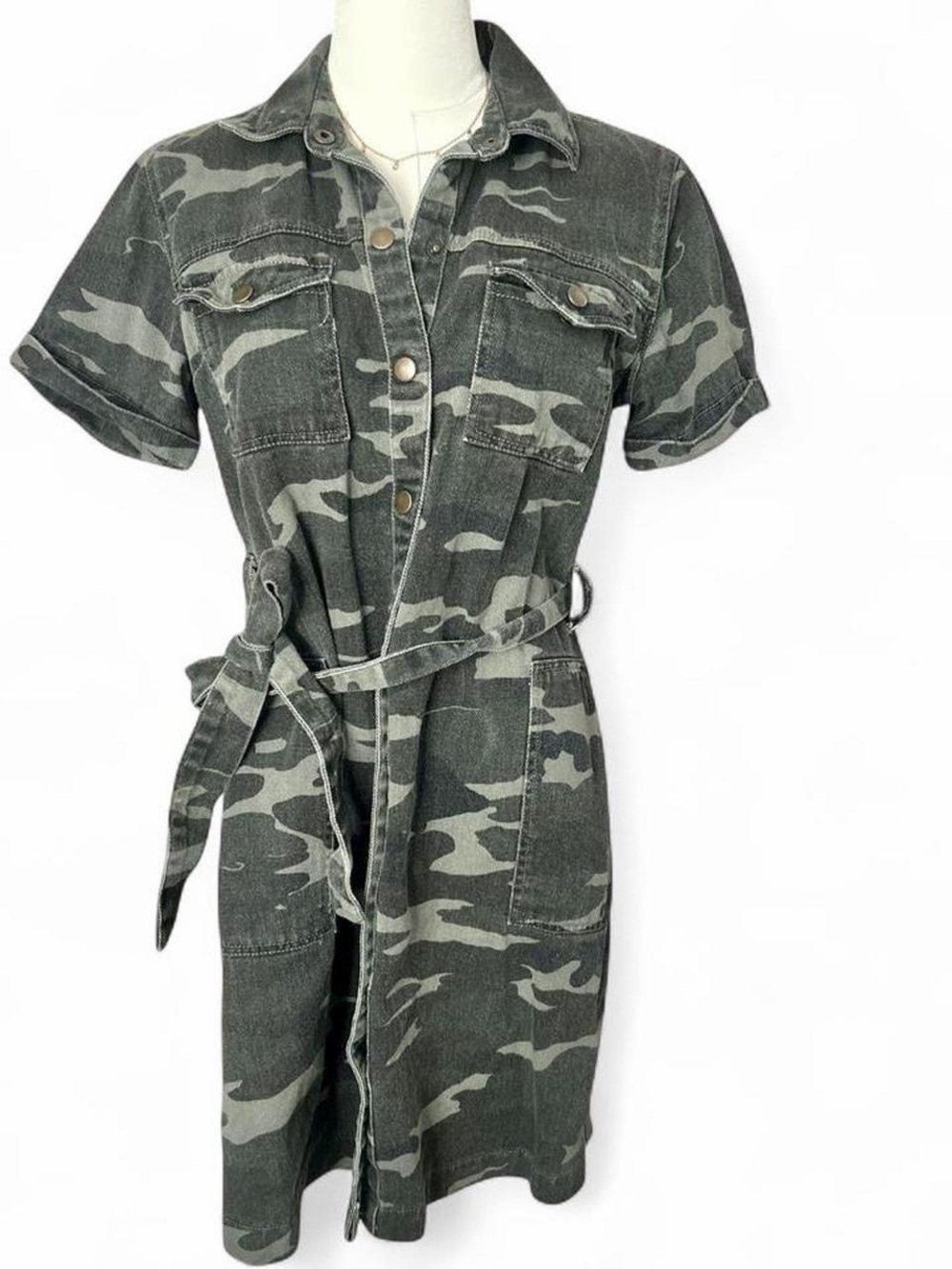 Indigo Rein Camo Midi Shirt Dress in Olive Green and Dark Gray